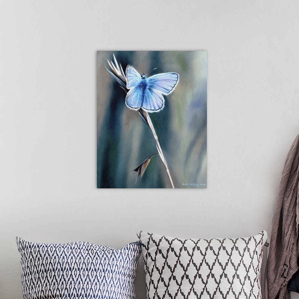A bohemian room featuring Oil on canvas painting of a common blue butterfly.
