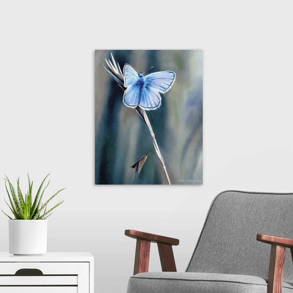 A modern room featuring Oil on canvas painting of a common blue butterfly.