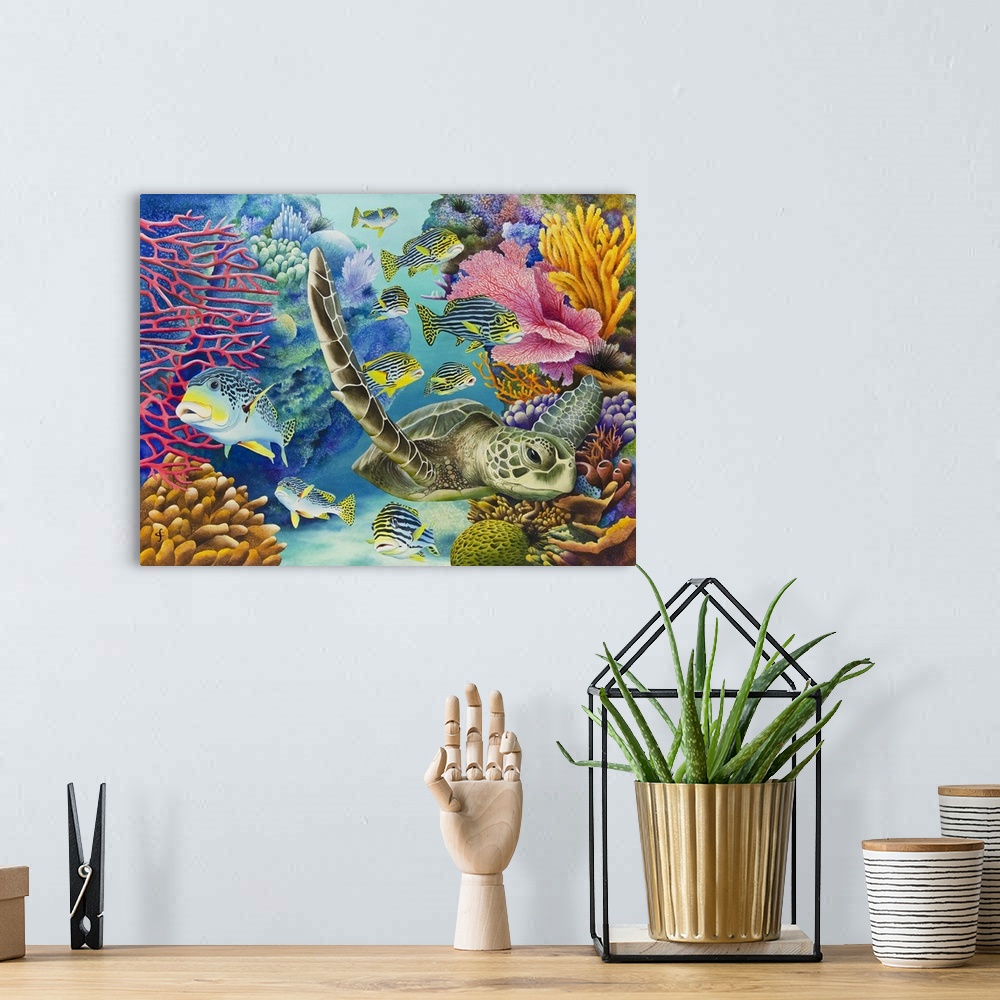 A bohemian room featuring Whimsy watercolor painting of a sea turtle a tropical fish swimming through a coral reef.