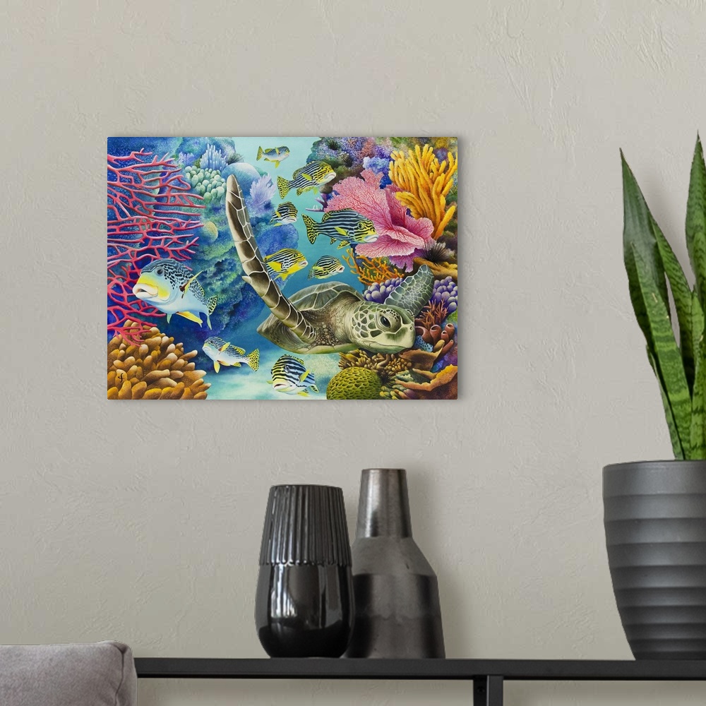 A modern room featuring Whimsy watercolor painting of a sea turtle a tropical fish swimming through a coral reef.