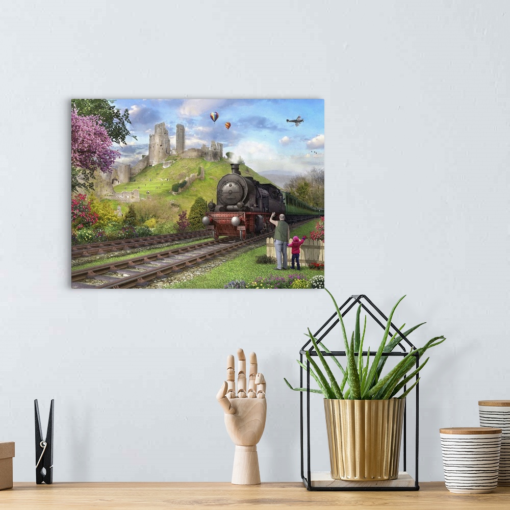 A bohemian room featuring Train approaching the station by Corfe Castle.