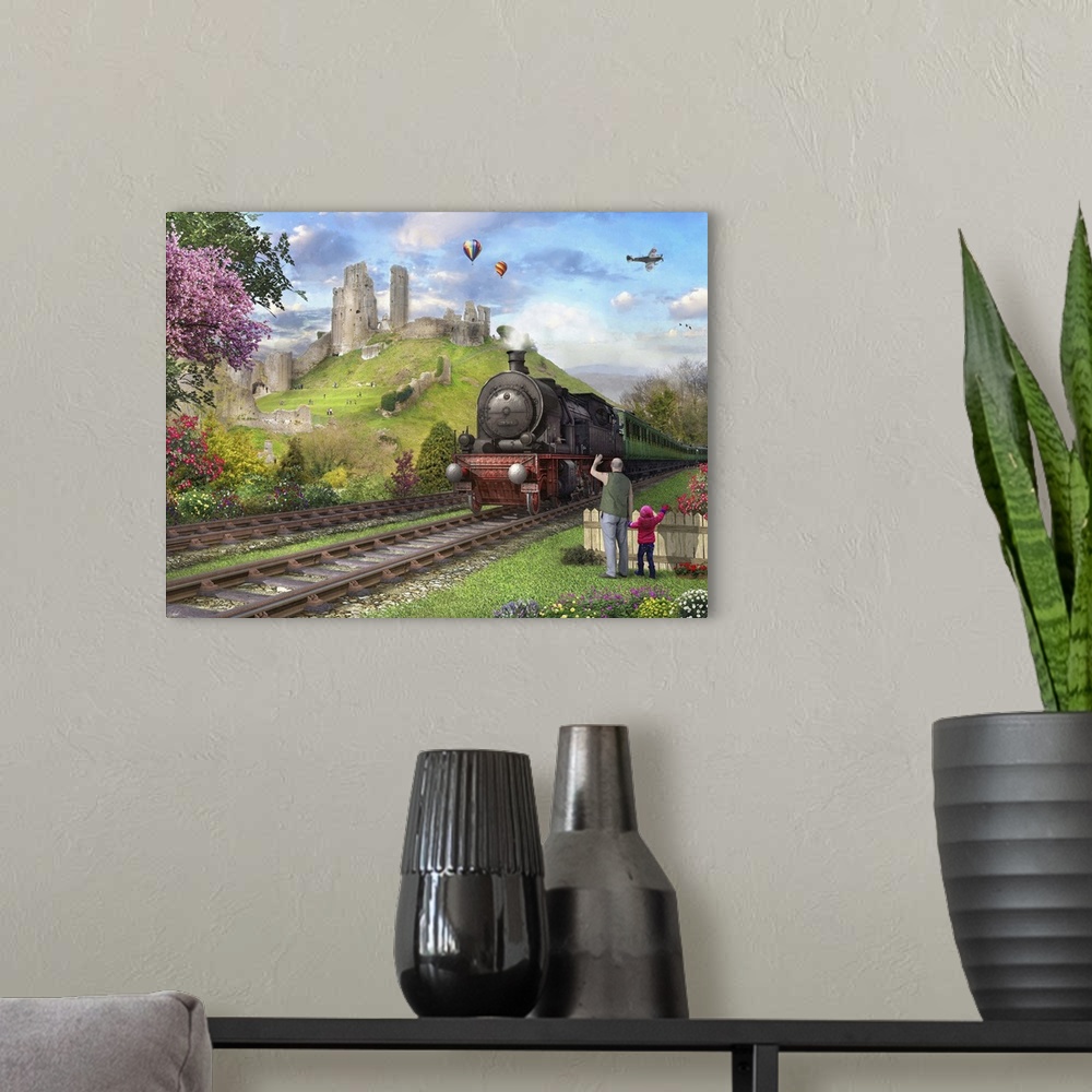 A modern room featuring Train approaching the station by Corfe Castle.