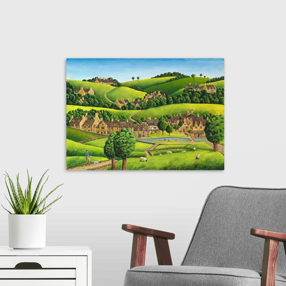 A modern room featuring Artwork of a small village nestled in the hills of England.