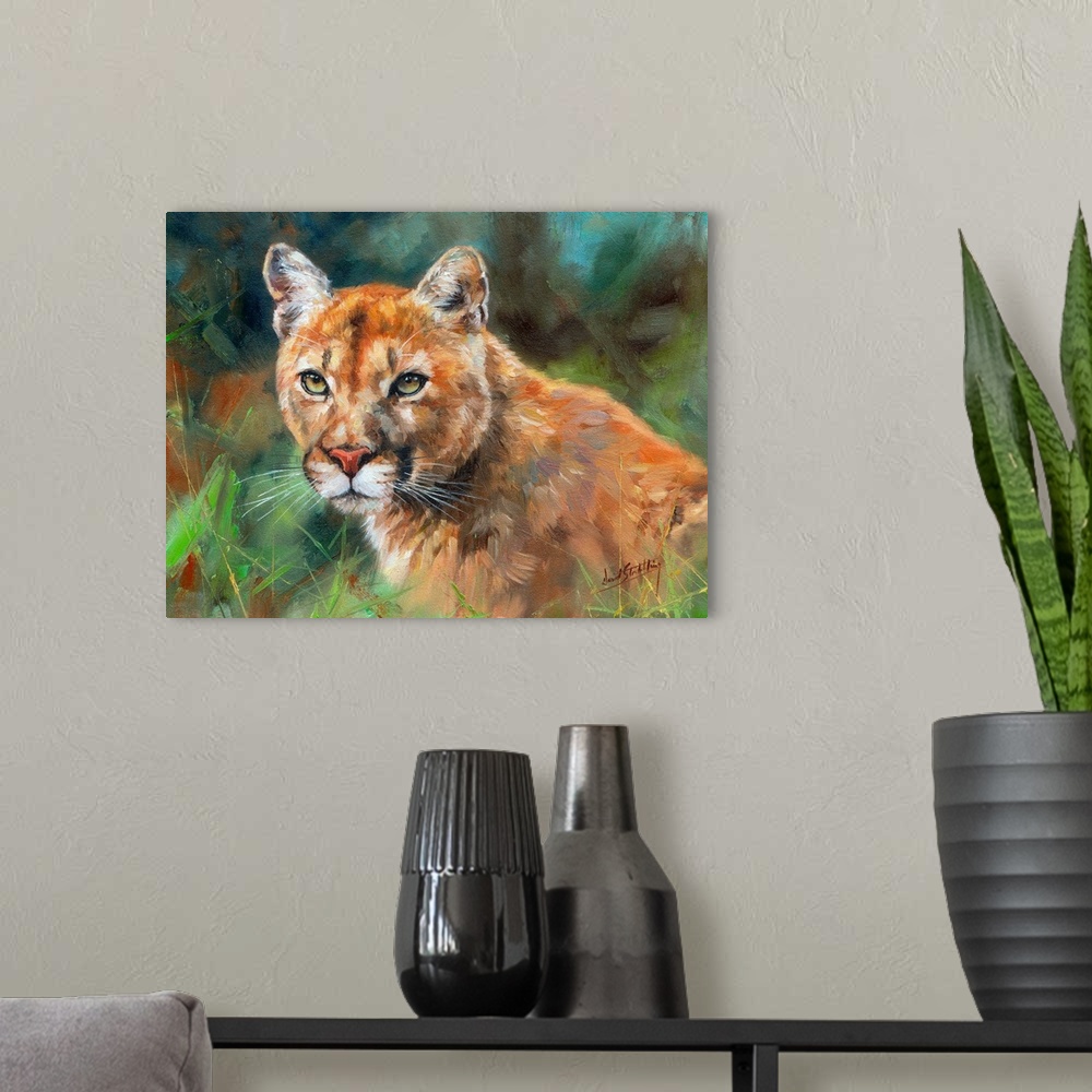 A modern room featuring North American cougar (mountain lion). Oil on canvas.