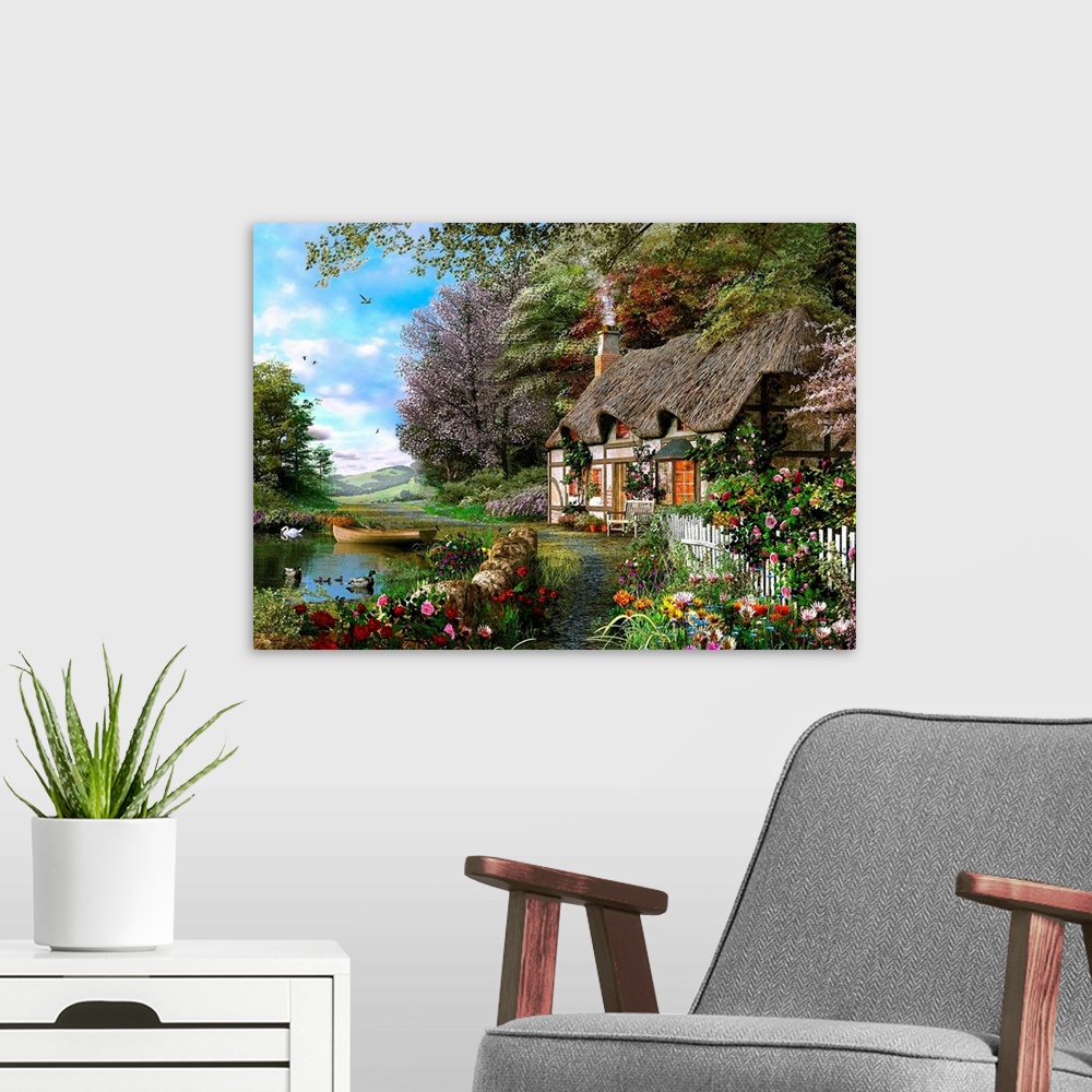 A modern room featuring Traditional painting of county home by lake.  The chimney is smoking and the home is surrounded b...