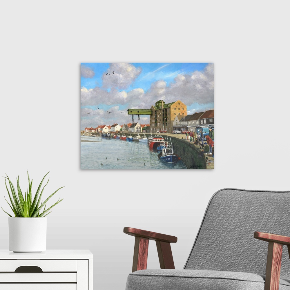 A modern room featuring Contemporary painting of a harbor town, with boats lining the harbor walls.