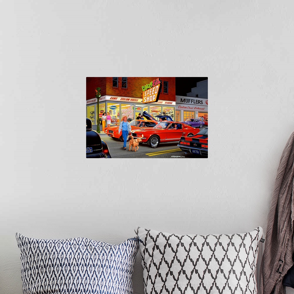 A bohemian room featuring A contemporary painting of a woman and her dog crossing a Mustang, GTO, Z-28 Camaro and a Ford Ho...