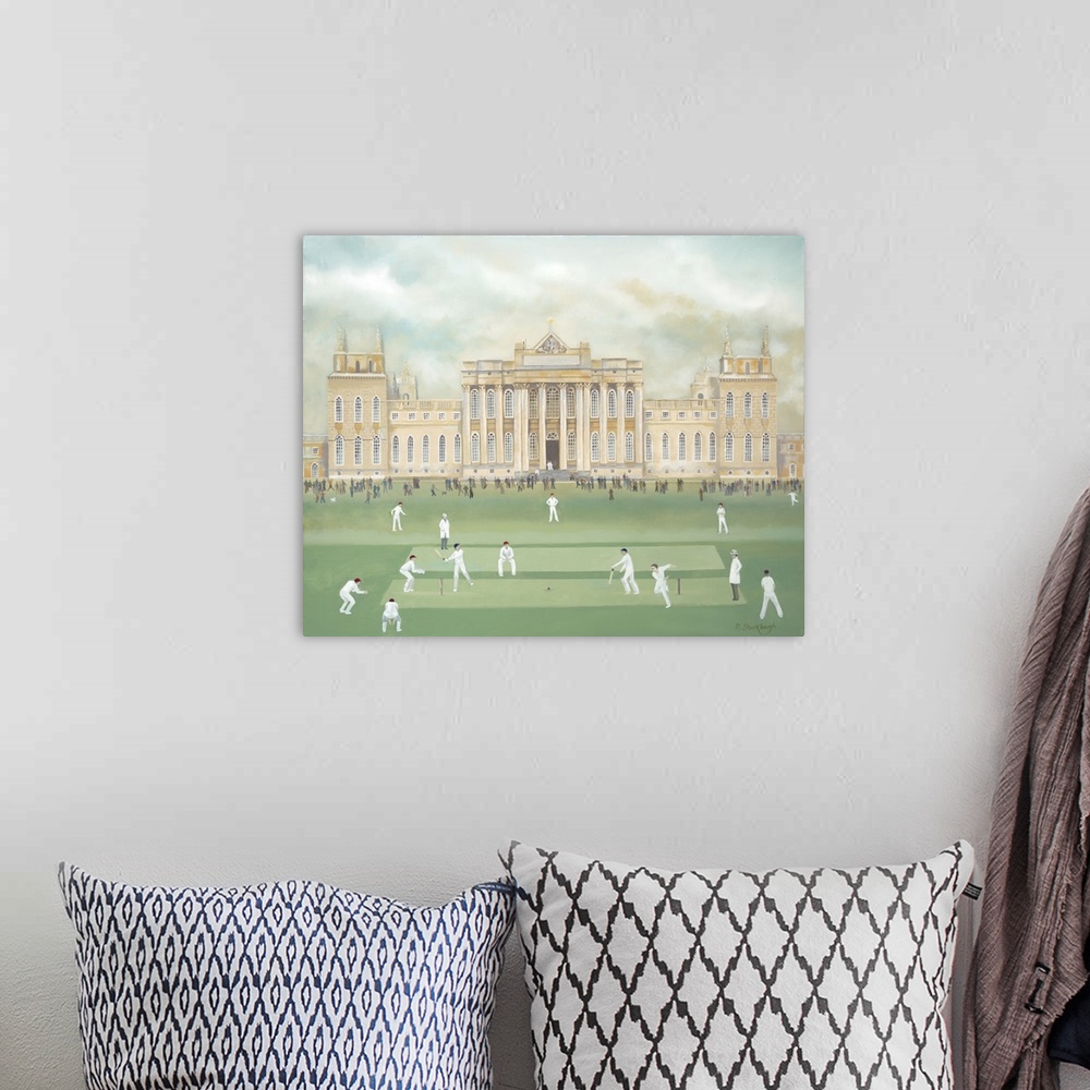 A bohemian room featuring Contemporary painting of people playing cricket out front of Blenheim palace.