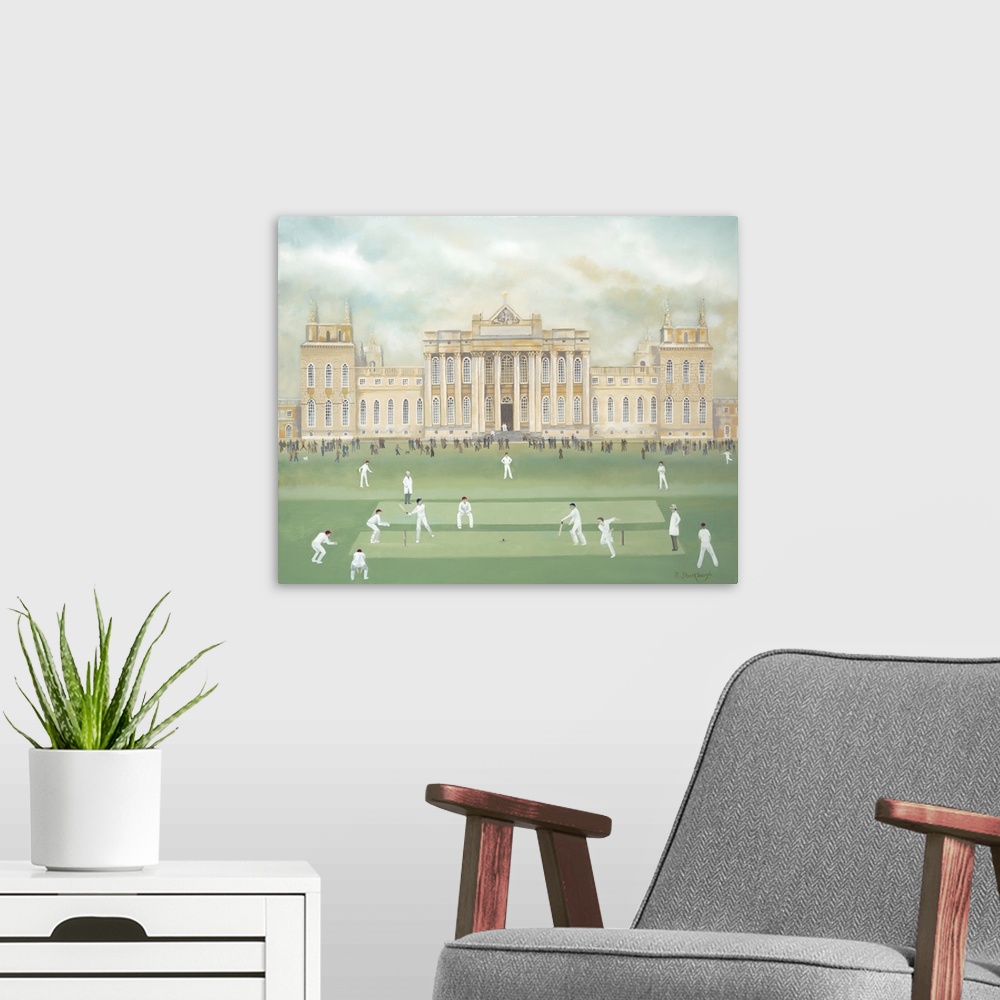 A modern room featuring Contemporary painting of people playing cricket out front of Blenheim palace.
