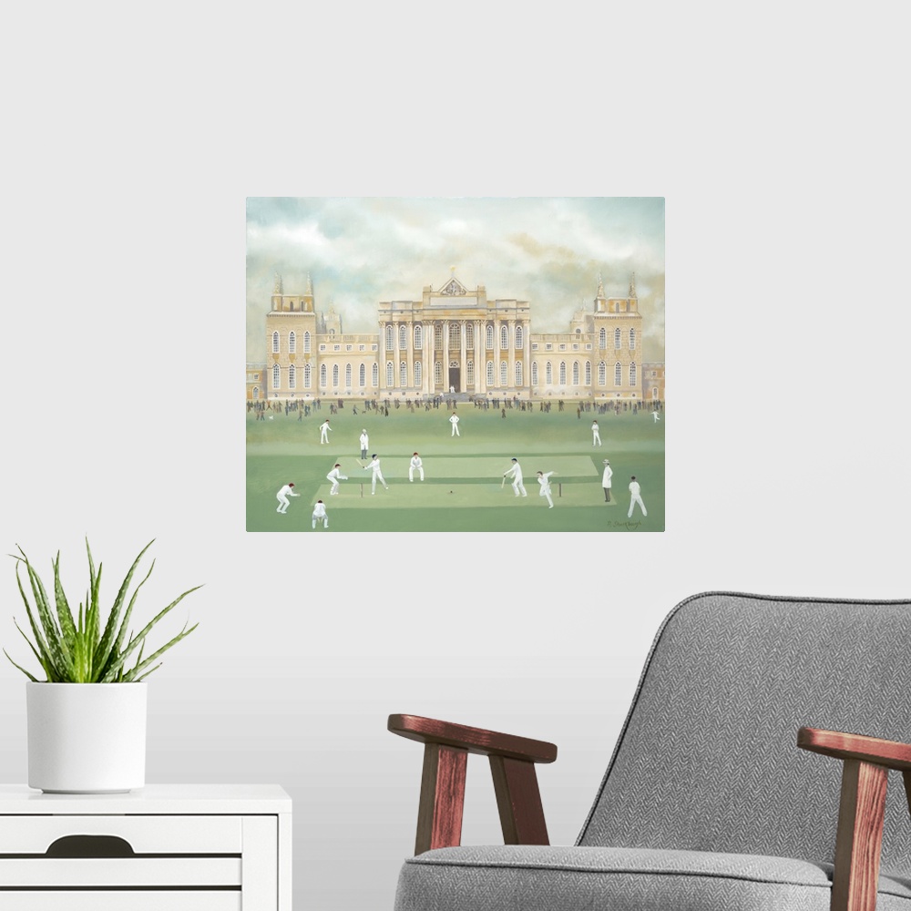 A modern room featuring Contemporary painting of people playing cricket out front of Blenheim palace.