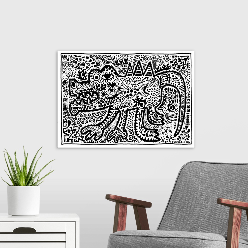 A modern room featuring Contemporary abstract artwork in an urban art style of a crocodile filled in with tons of intrica...