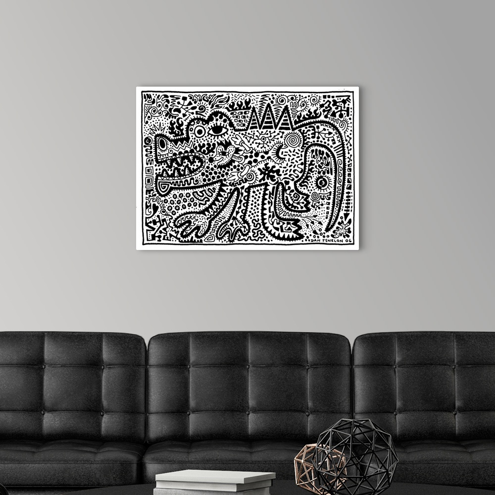 A modern room featuring Contemporary abstract artwork in an urban art style of a crocodile filled in with tons of intrica...