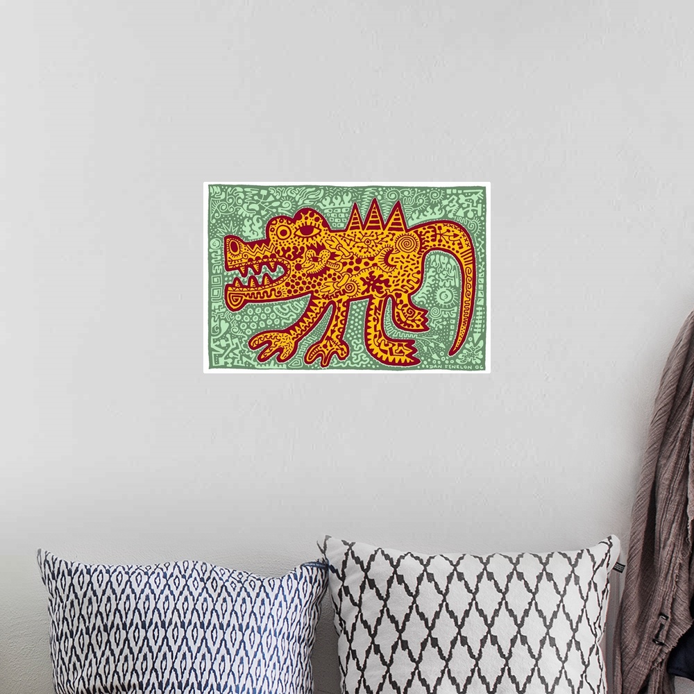 A bohemian room featuring Contemporary abstract artwork in an urban art style of a crocodile filled in with tons of intrica...