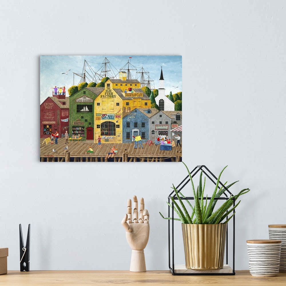 A bohemian room featuring Americana scene of shops on a fishing pier with masts and rigging behind.