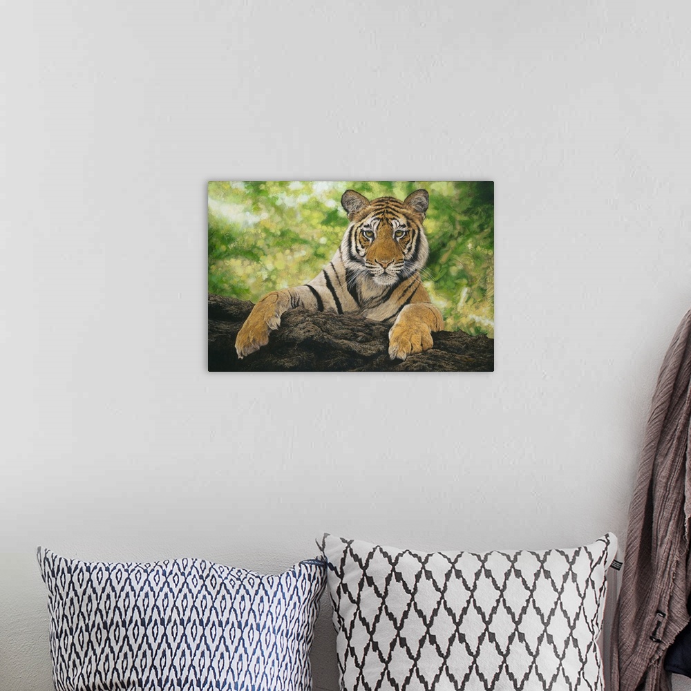 A bohemian room featuring Contemporary painting of a young tiger cub leaning over a log.