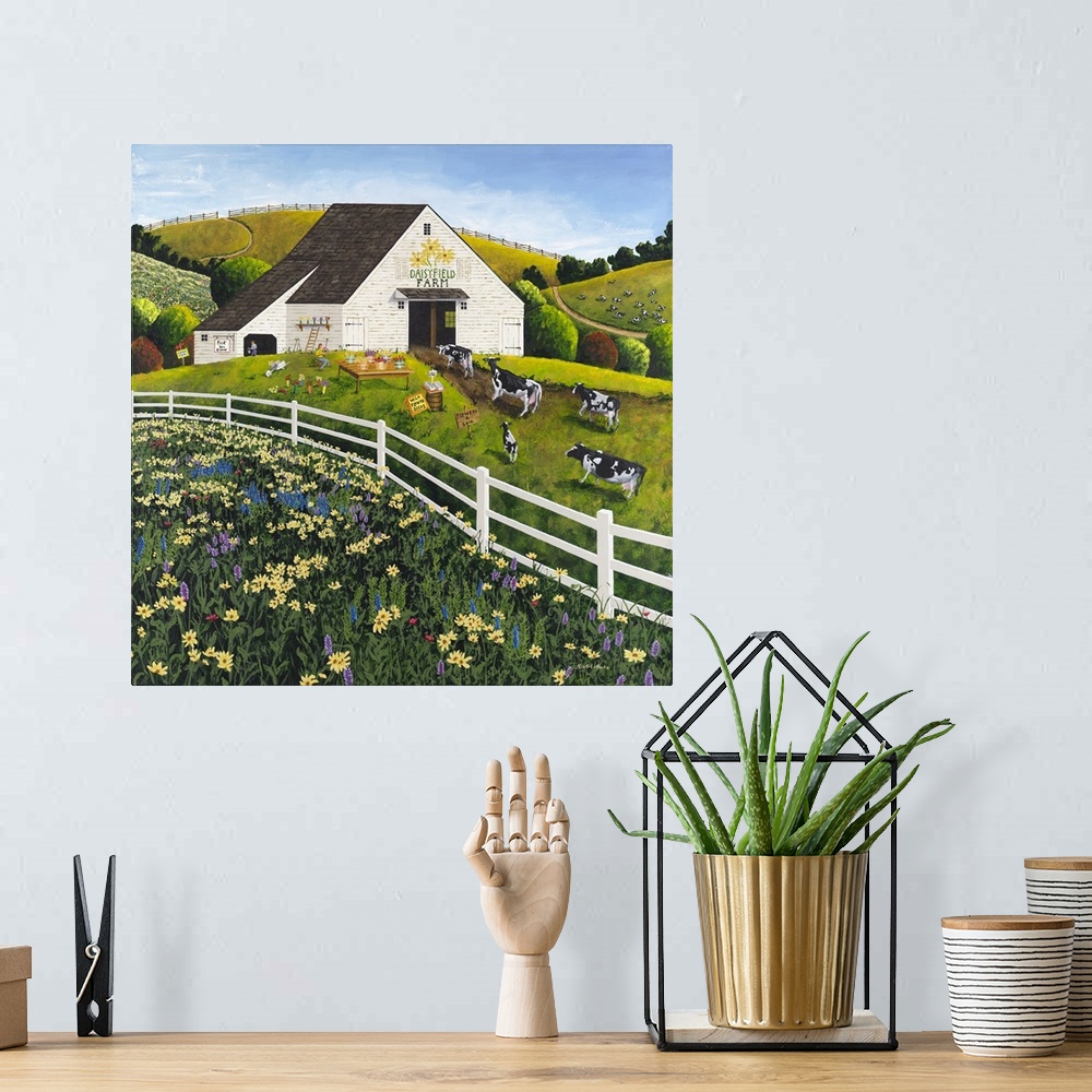 A bohemian room featuring Americana scene of a dairy farm with cattle near a field of wildflowers.