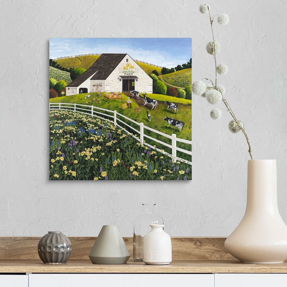 A farmhouse room featuring Americana scene of a dairy farm with cattle near a field of wildflowers.