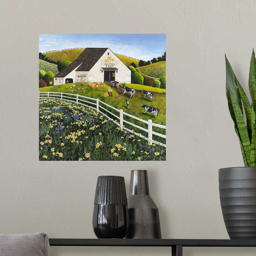 A modern room featuring Americana scene of a dairy farm with cattle near a field of wildflowers.