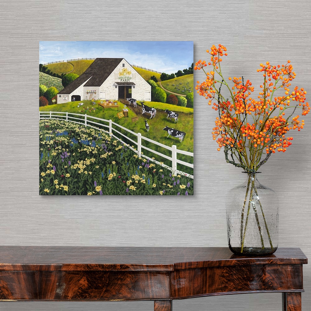 A traditional room featuring Americana scene of a dairy farm with cattle near a field of wildflowers.