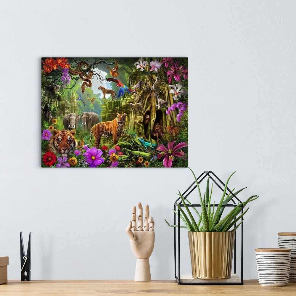 A bohemian room featuring Busy illustration with all sorts of animals in the jungle amongst temple ruins and wildflowers.