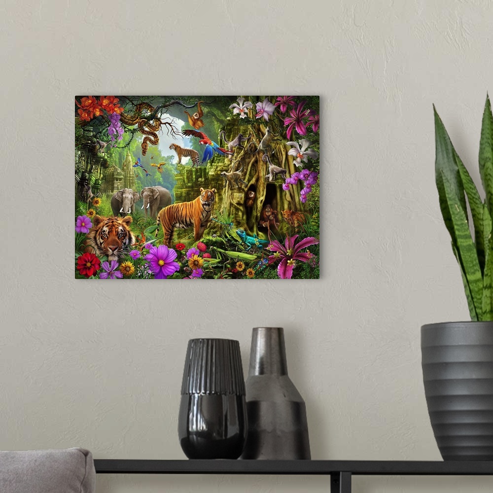 A modern room featuring Busy illustration with all sorts of animals in the jungle amongst temple ruins and wildflowers.