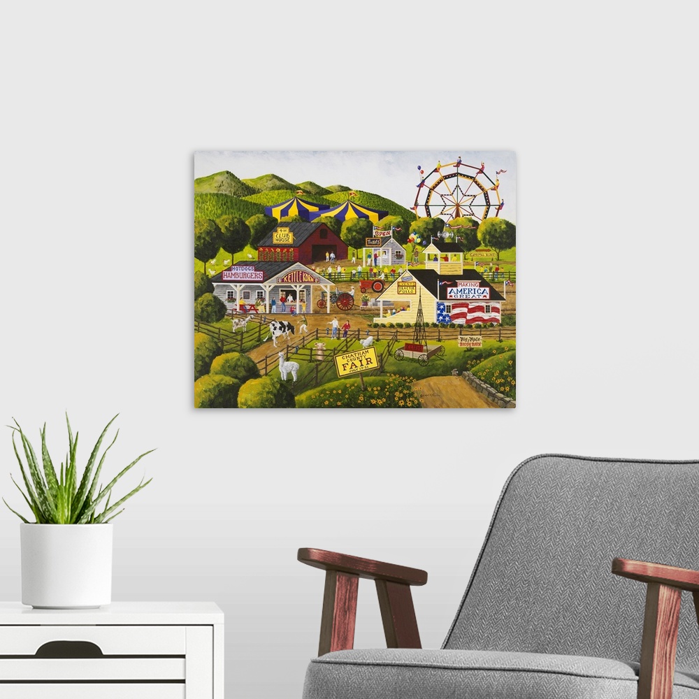 A modern room featuring Americana scene of a county fair with a Ferris Wheel and livestock shows.