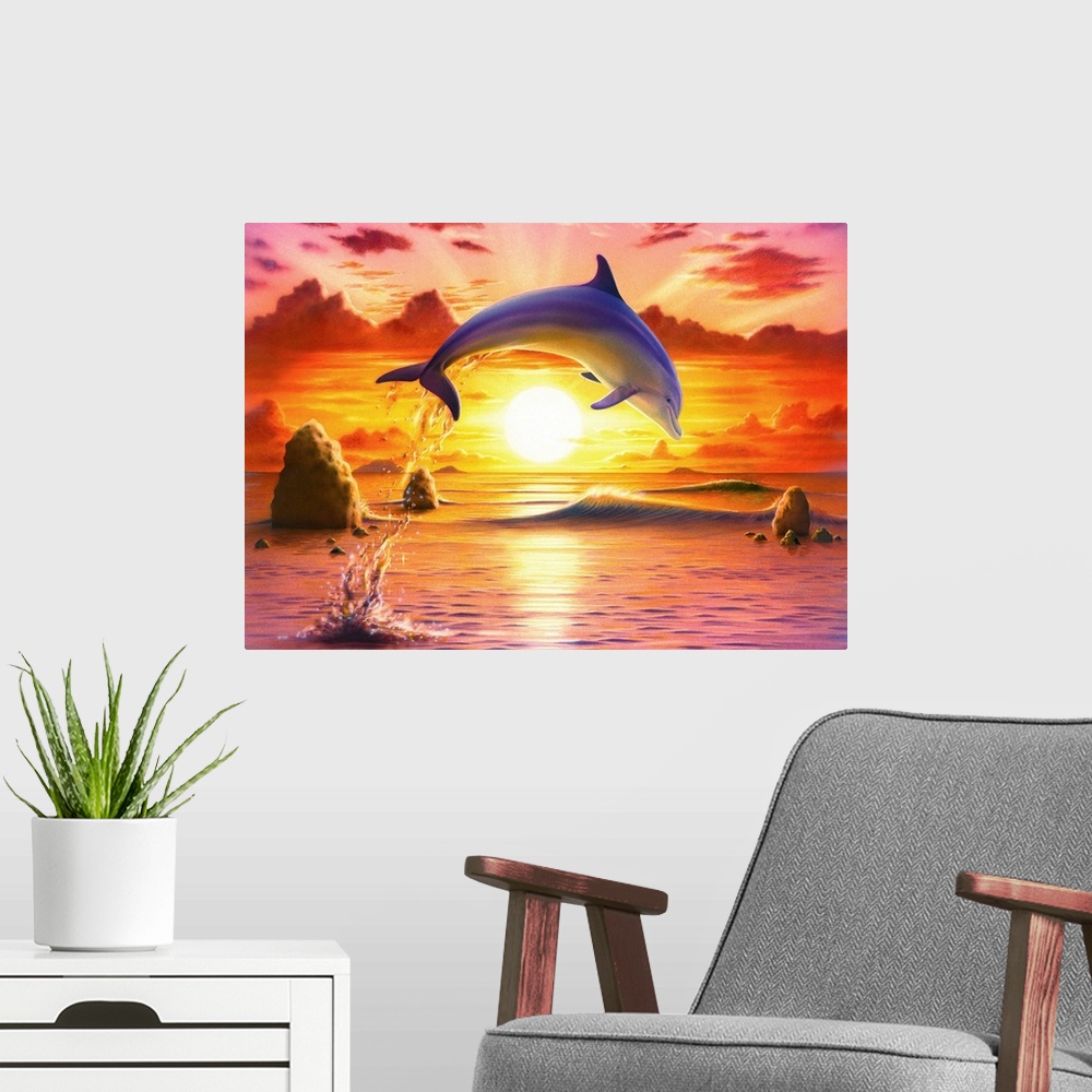 A modern room featuring Day Of The Dolphin - Sunset I