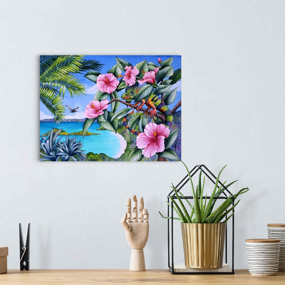 A bohemian room featuring Tropical themed artwork of an iguana scaling a flowering branch.