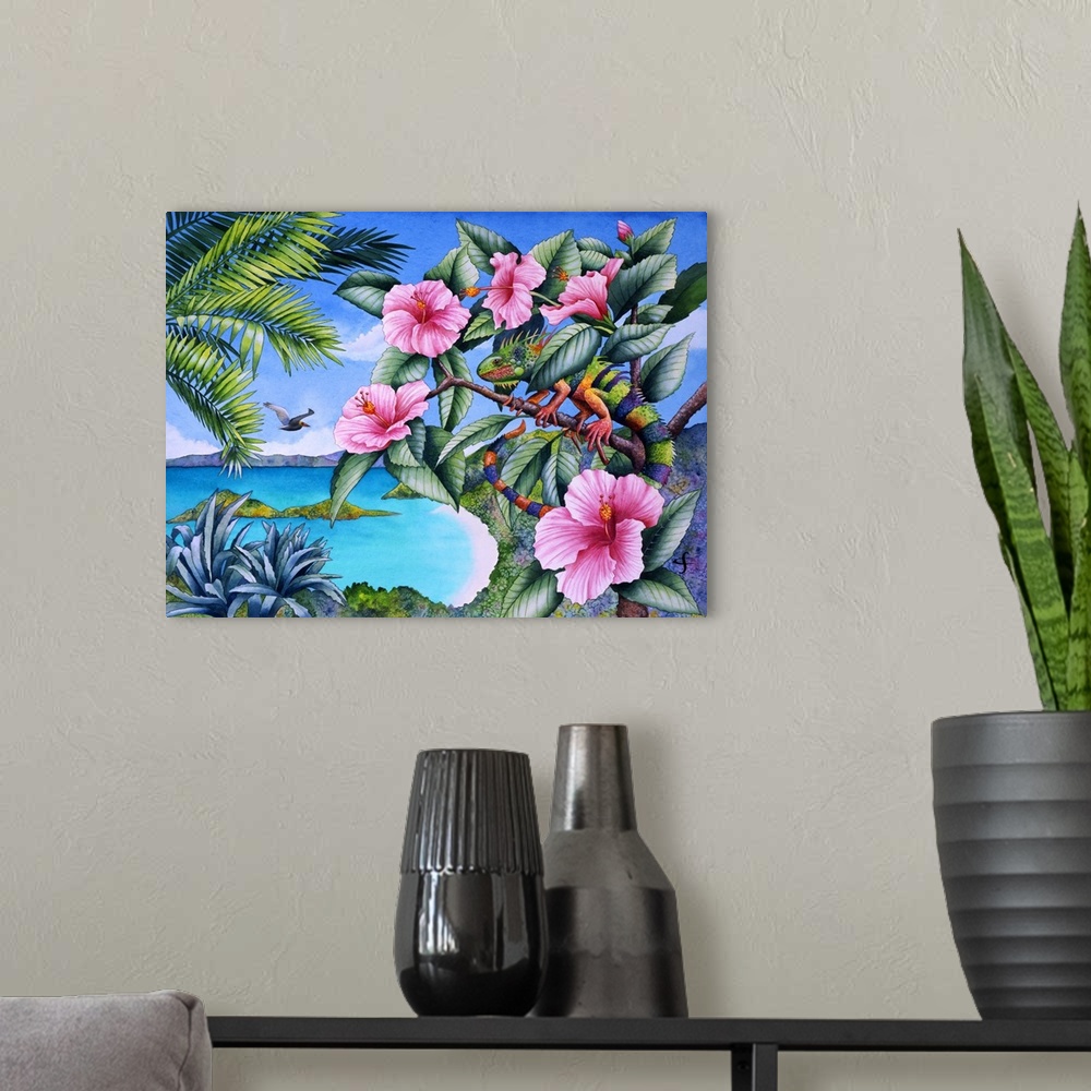 A modern room featuring Tropical themed artwork of an iguana scaling a flowering branch.