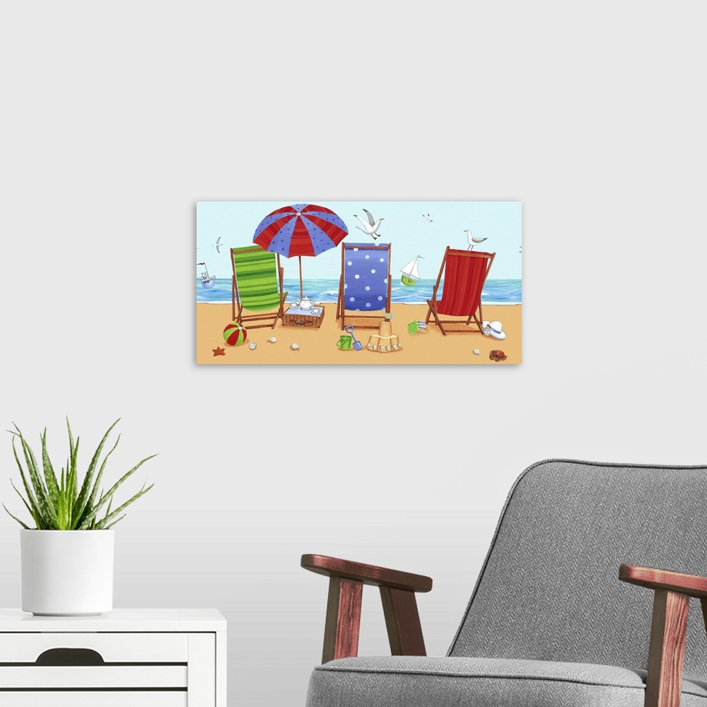 A modern room featuring Whimsical colorful beach art of three different colored beach chairs, with the ocean in the backg...