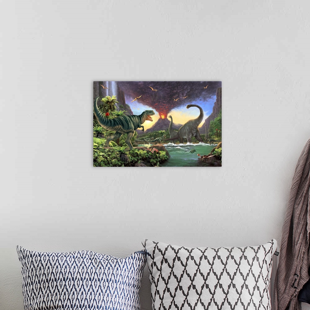 A bohemian room featuring Large detailed painting of dinosaurs fleeing an exploding volcano.