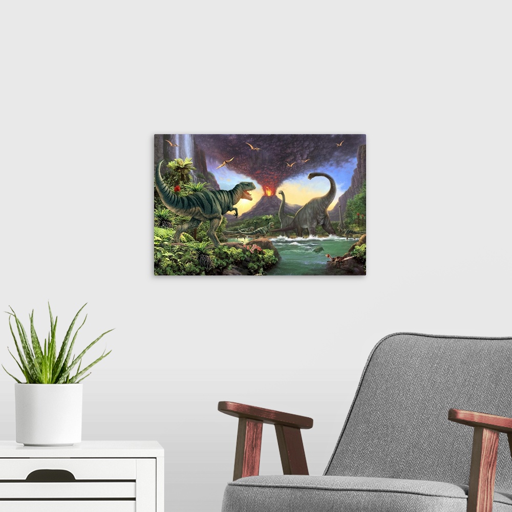 A modern room featuring Large detailed painting of dinosaurs fleeing an exploding volcano.