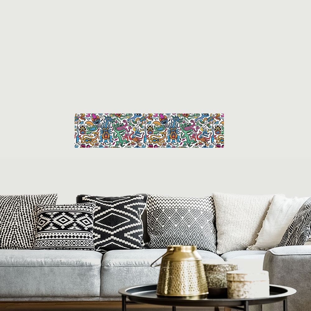 A bohemian room featuring Contemporary mural artwork of monsters and other abstract figures in a confusion of colors and pa...