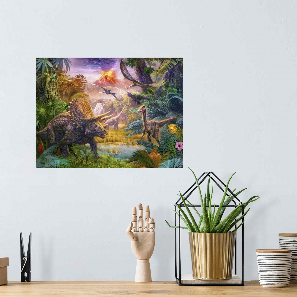 A bohemian room featuring Colorful artwork of a dinosaurs in a tropical paradise.