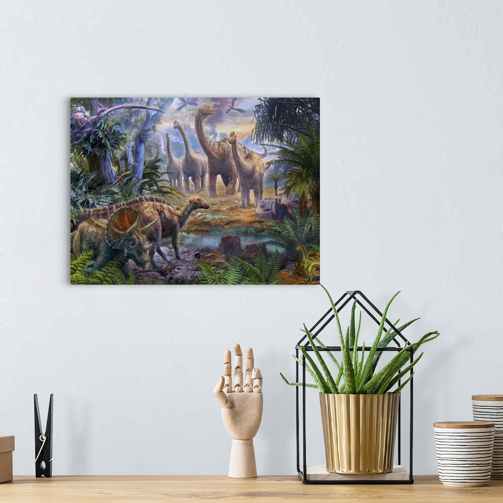 A bohemian room featuring Colorful artwork of a dinosaurs in a tropical paradise.