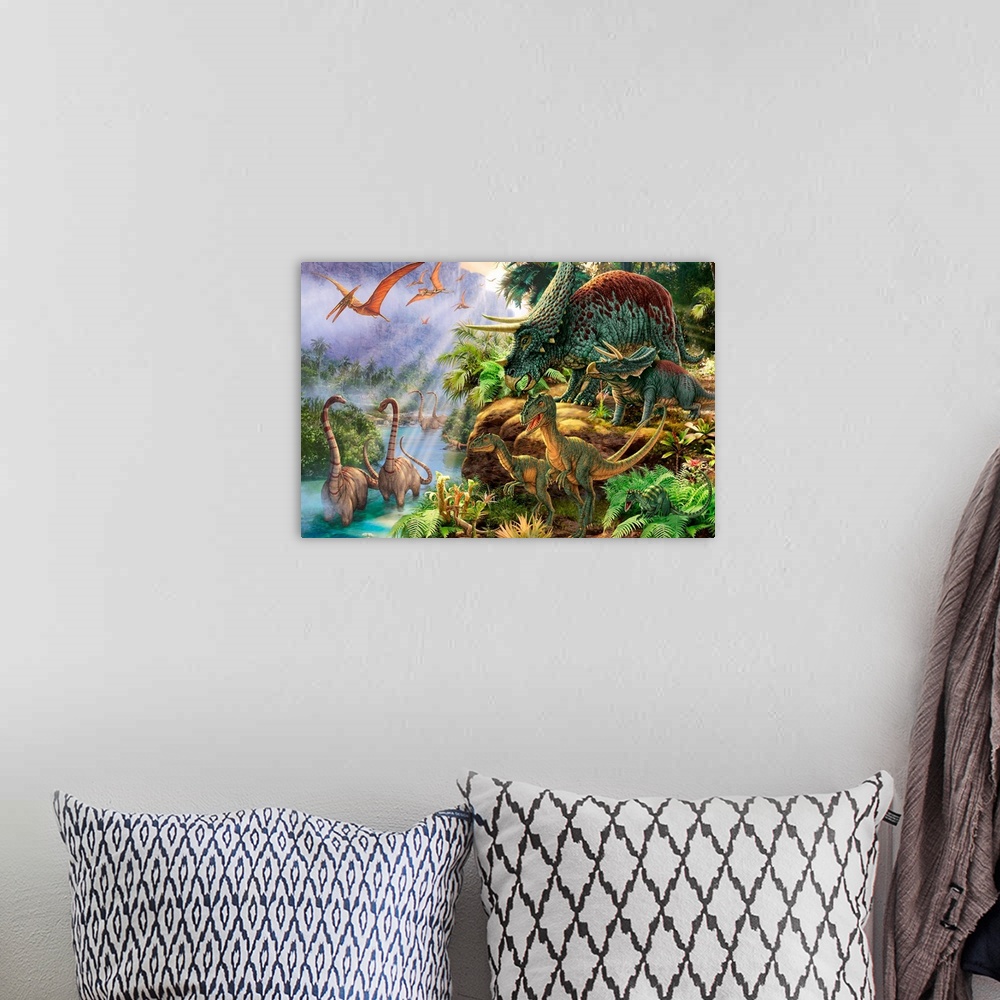 A bohemian room featuring A large artwork piece that contains several species of dinosaurs with some standing in a river an...