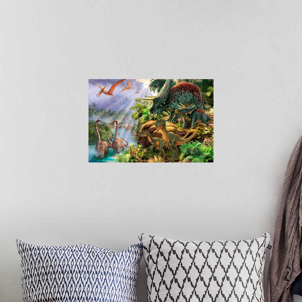A bohemian room featuring A large artwork piece that contains several species of dinosaurs with some standing in a river an...