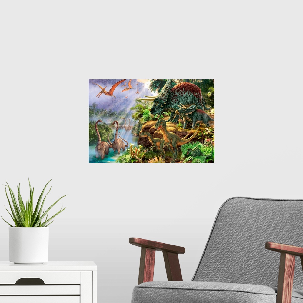 A modern room featuring A large artwork piece that contains several species of dinosaurs with some standing in a river an...