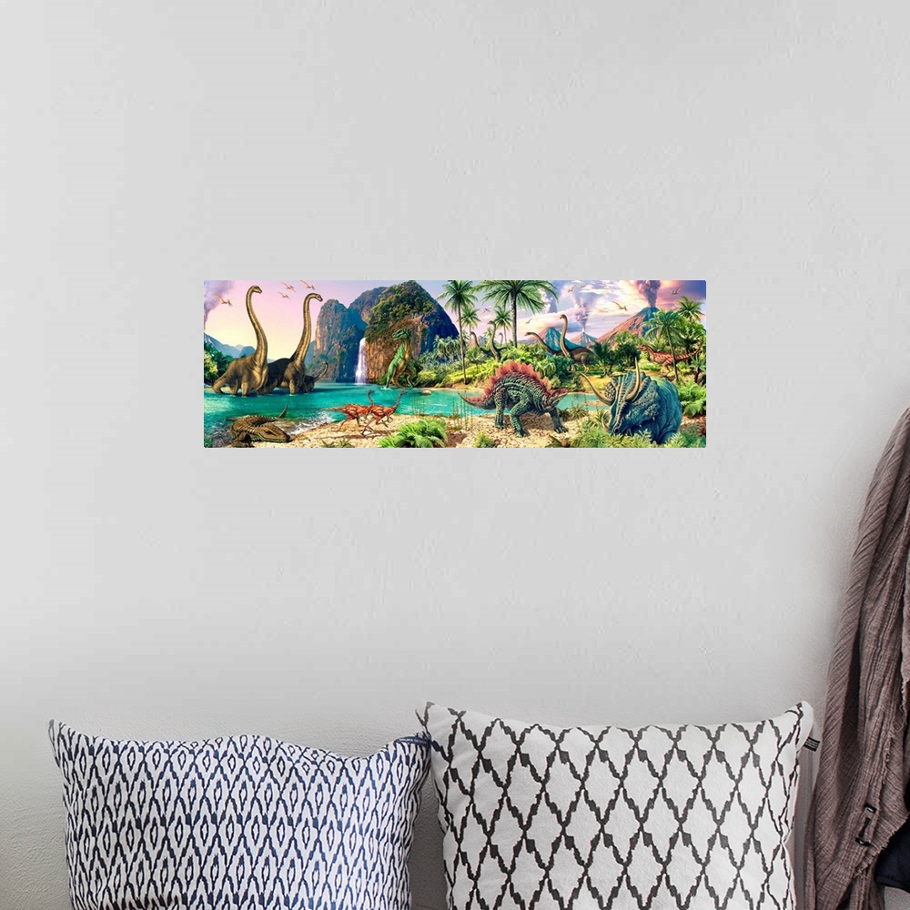 A bohemian room featuring Panoramic, large artwork  of a prehistoric landscape with volcanoes and a waterfall in the backgr...