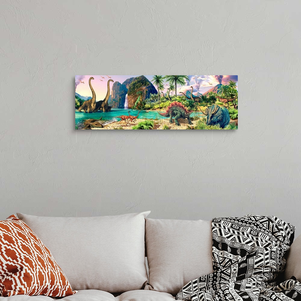 A bohemian room featuring Panoramic, large artwork  of a prehistoric landscape with volcanoes and a waterfall in the backgr...