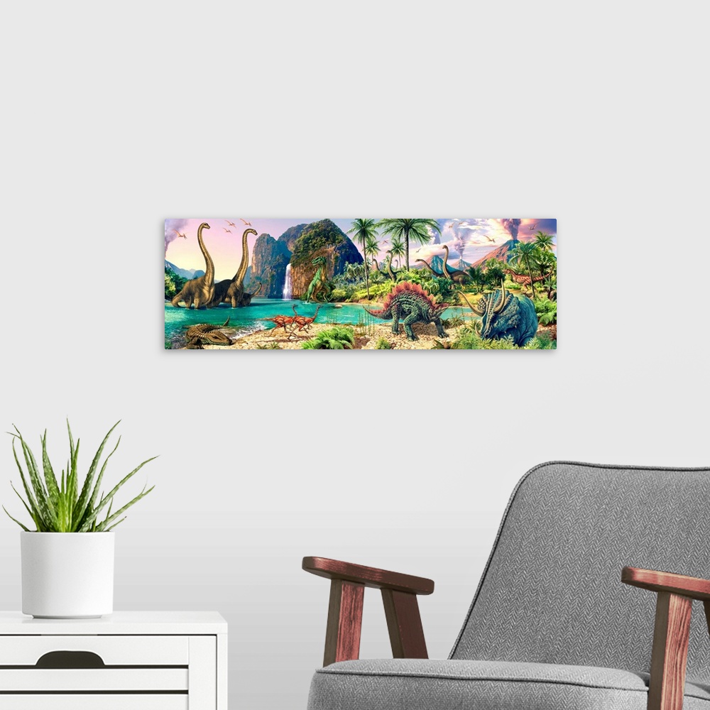 A modern room featuring Panoramic, large artwork  of a prehistoric landscape with volcanoes and a waterfall in the backgr...