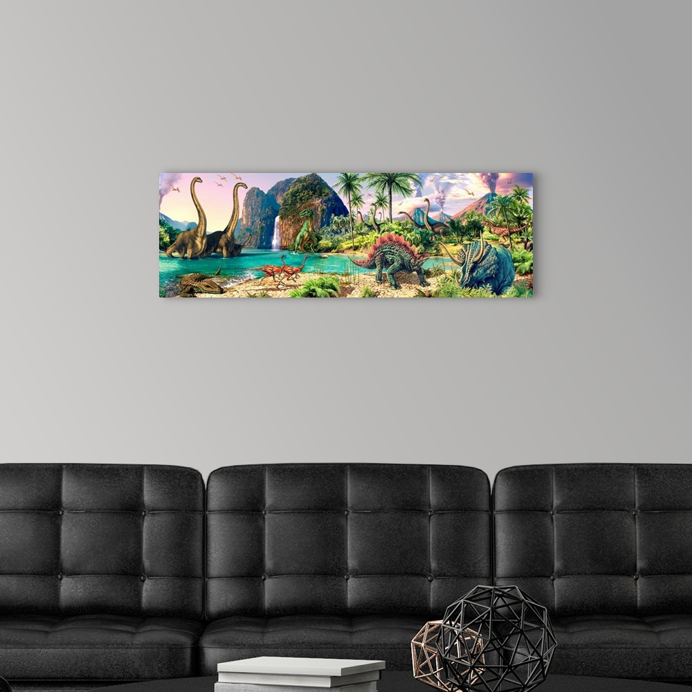 A modern room featuring Panoramic, large artwork  of a prehistoric landscape with volcanoes and a waterfall in the backgr...