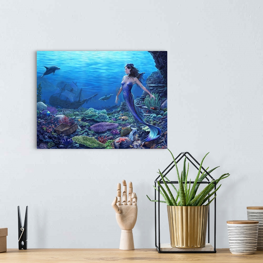 A bohemian room featuring A shiny blue mermaid encounters a treasure chest and sunken ship amidst ocean flora and fauna. He...