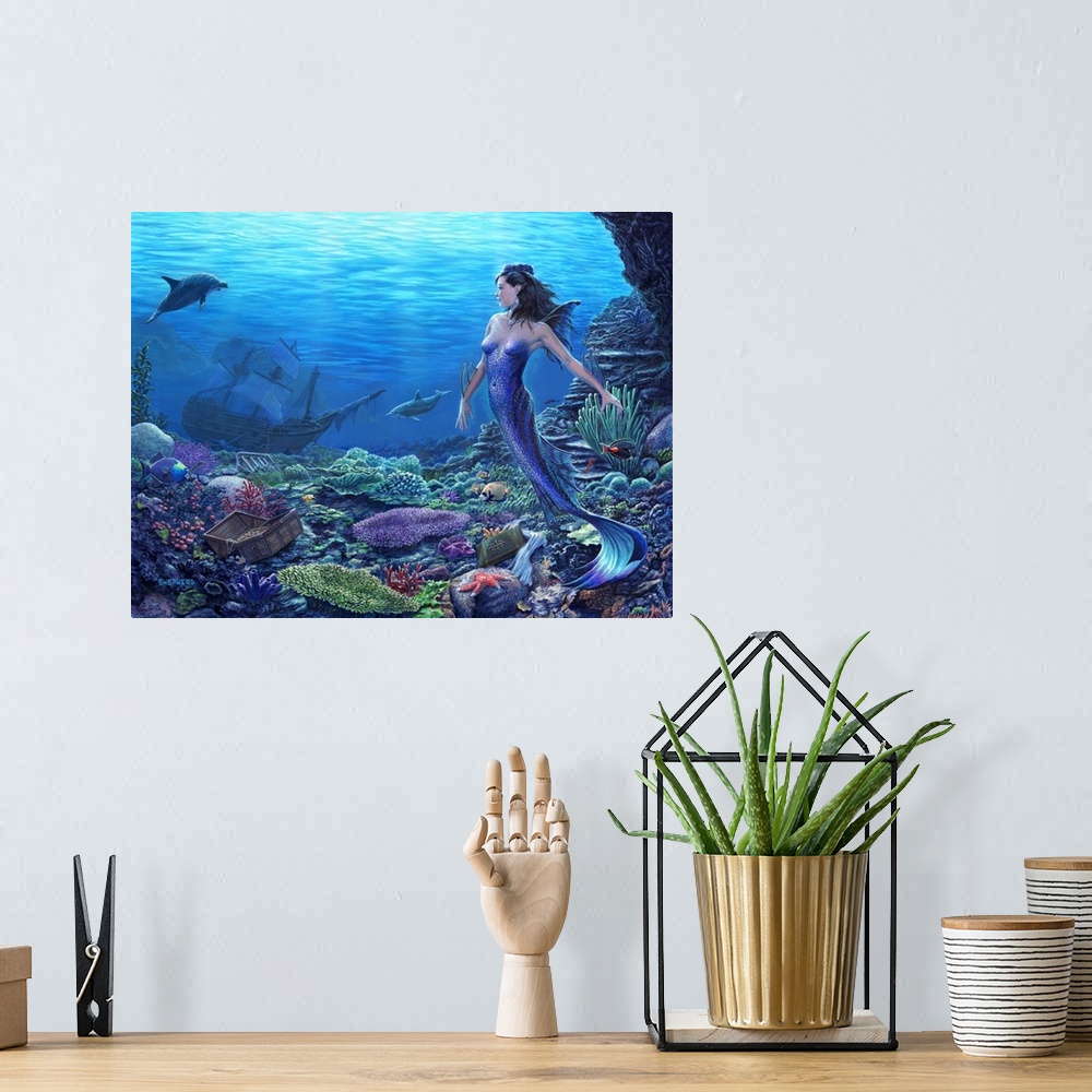 A bohemian room featuring A shiny blue mermaid encounters a treasure chest and sunken ship amidst ocean flora and fauna. He...