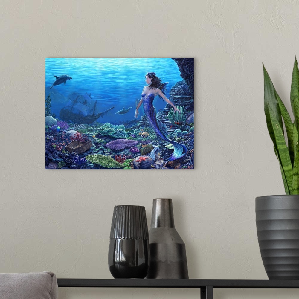 A modern room featuring A shiny blue mermaid encounters a treasure chest and sunken ship amidst ocean flora and fauna. He...