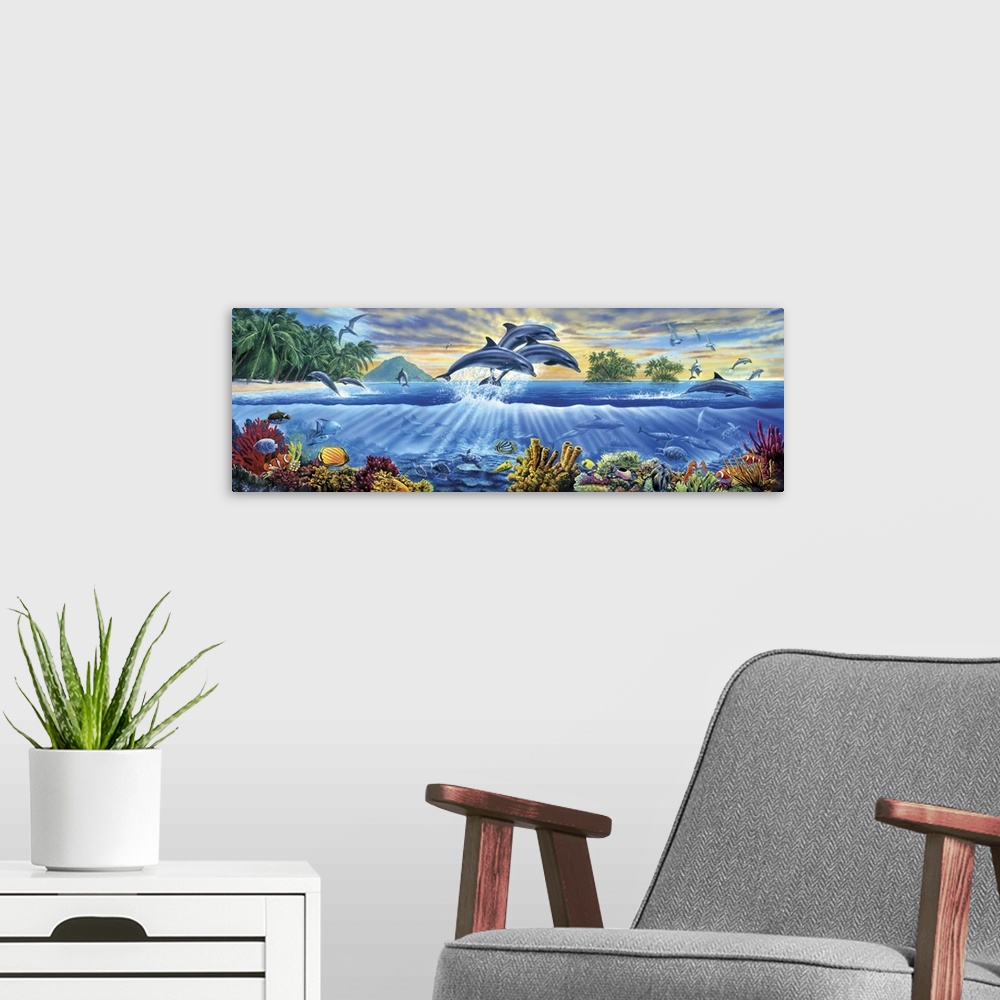 A modern room featuring Three Dolphins leaping out of the sea from a side on perspective with an underwater scene includi...