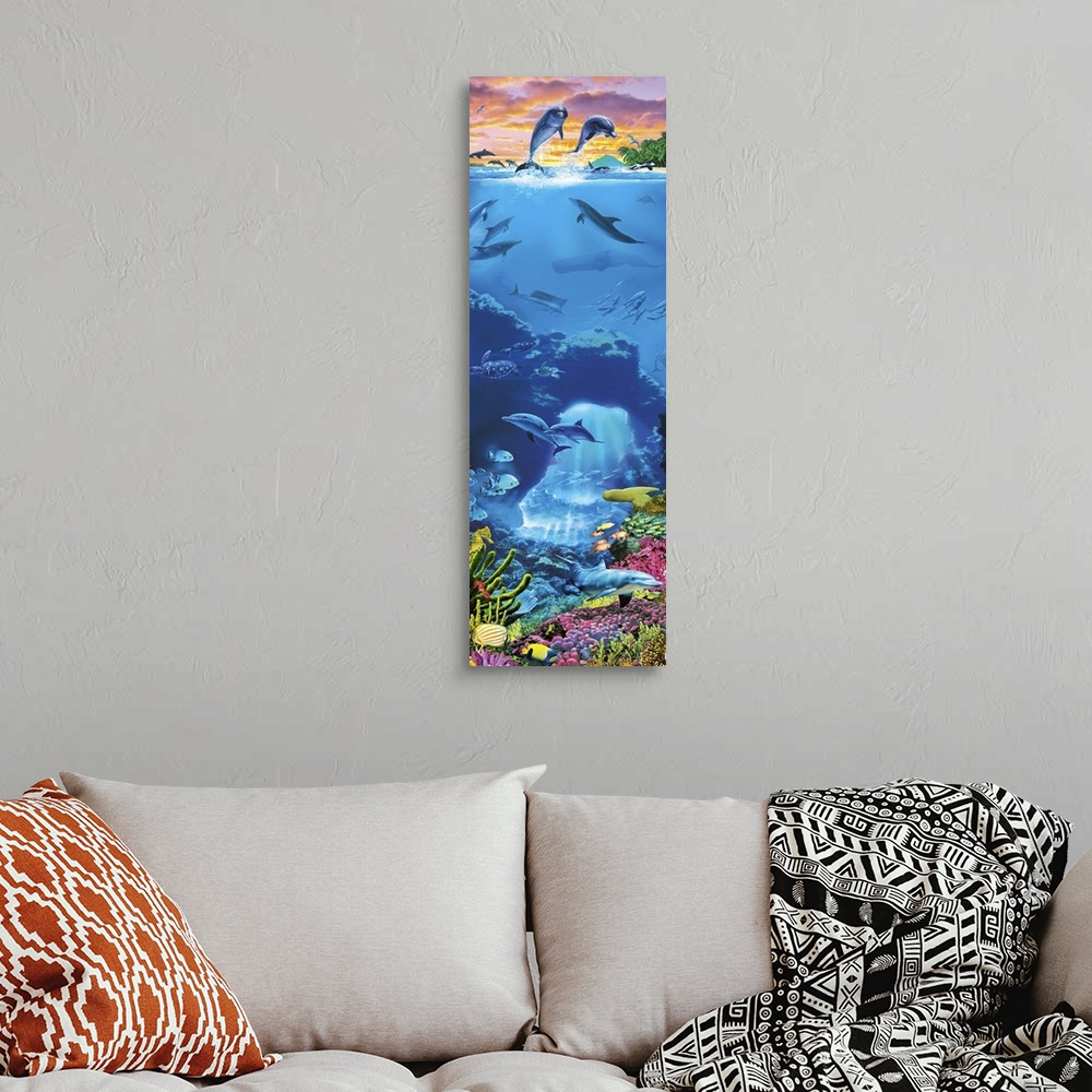 A bohemian room featuring Two Dolphins with a sunset sky leaping out of an underwater scene featuring coral, fish sperm wha...