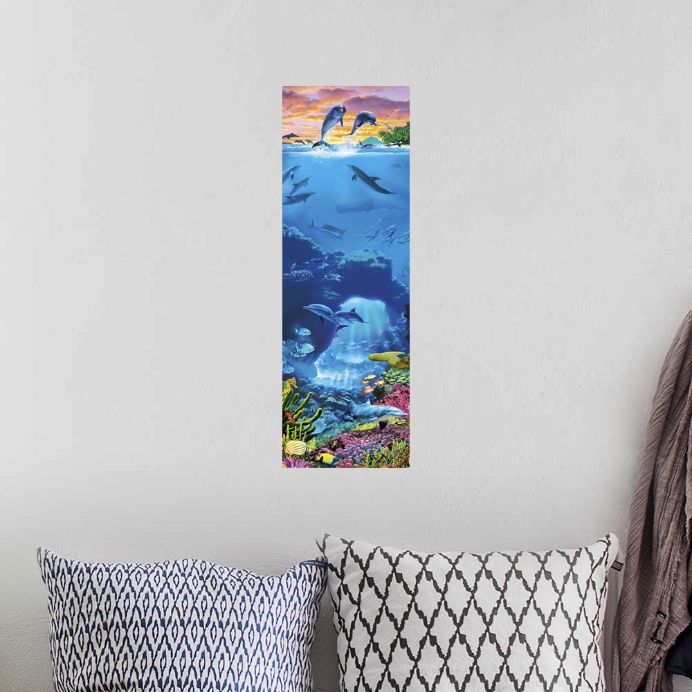 A bohemian room featuring Two Dolphins with a sunset sky leaping out of an underwater scene featuring coral, fish sperm wha...