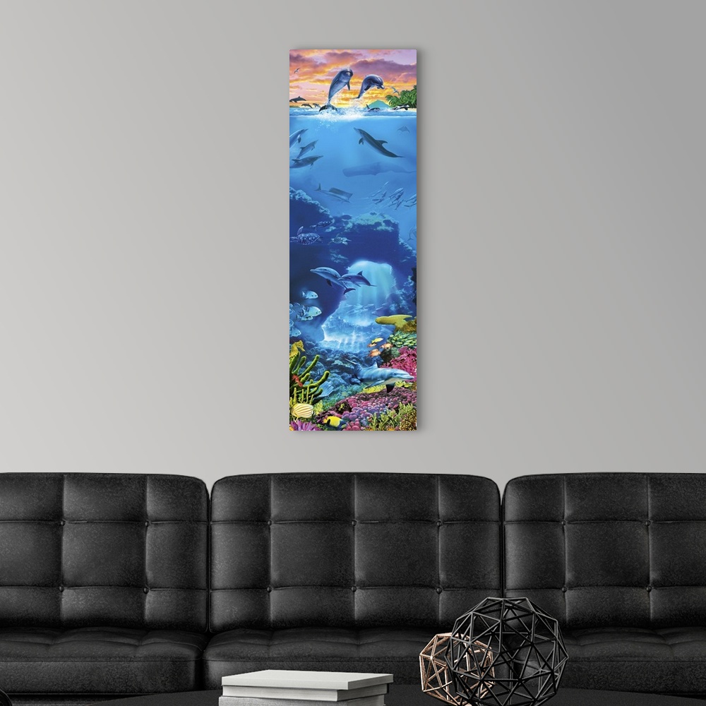 A modern room featuring Two Dolphins with a sunset sky leaping out of an underwater scene featuring coral, fish sperm wha...