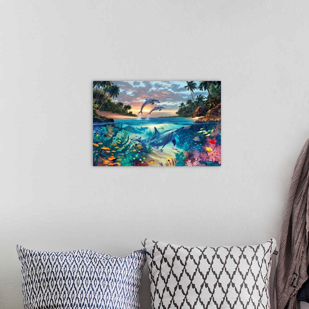 A bohemian room featuring Big fantasy painting on canvas of dolphins swimming underneath the water with other fish and two ...